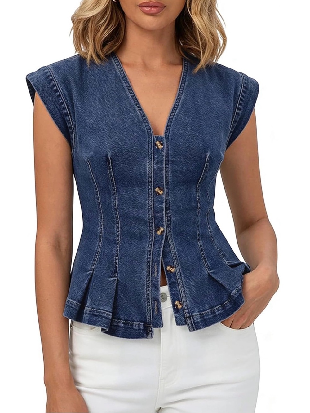 Denim Button Front Peplum Top - Dark Blue